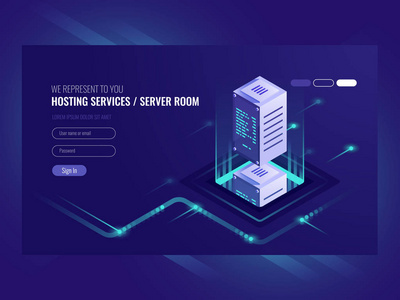 數據搜索優化, 信息服務器, 數據庫保護和安全, 服務器機房用放大鏡, 商人 It 等距3d 矢量